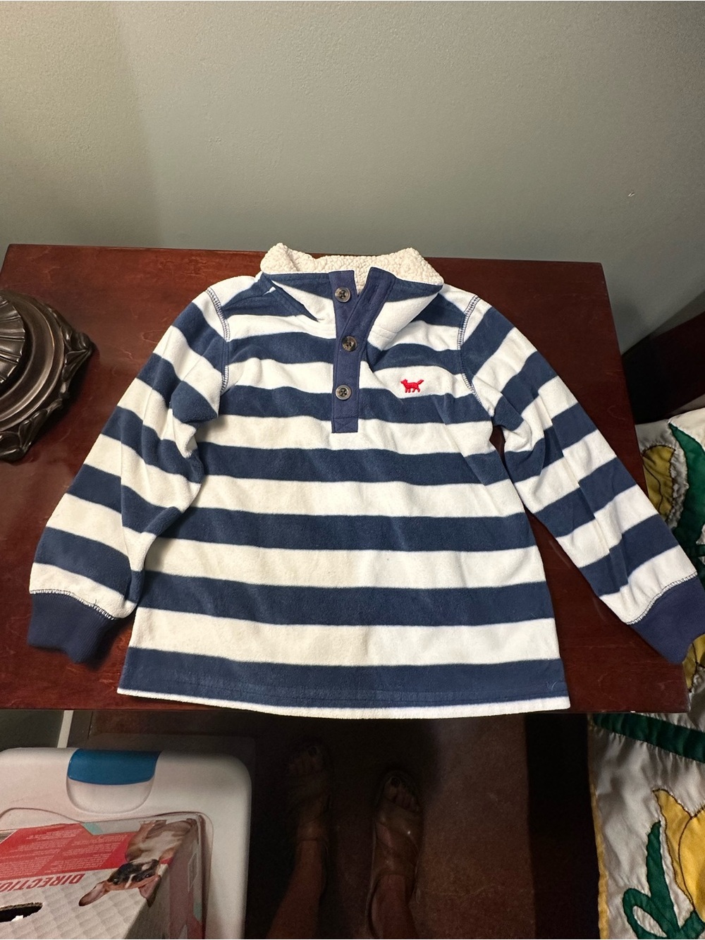 Carter's Navy and White Striped Sherpa Collar Pullover with Red Fox Accent